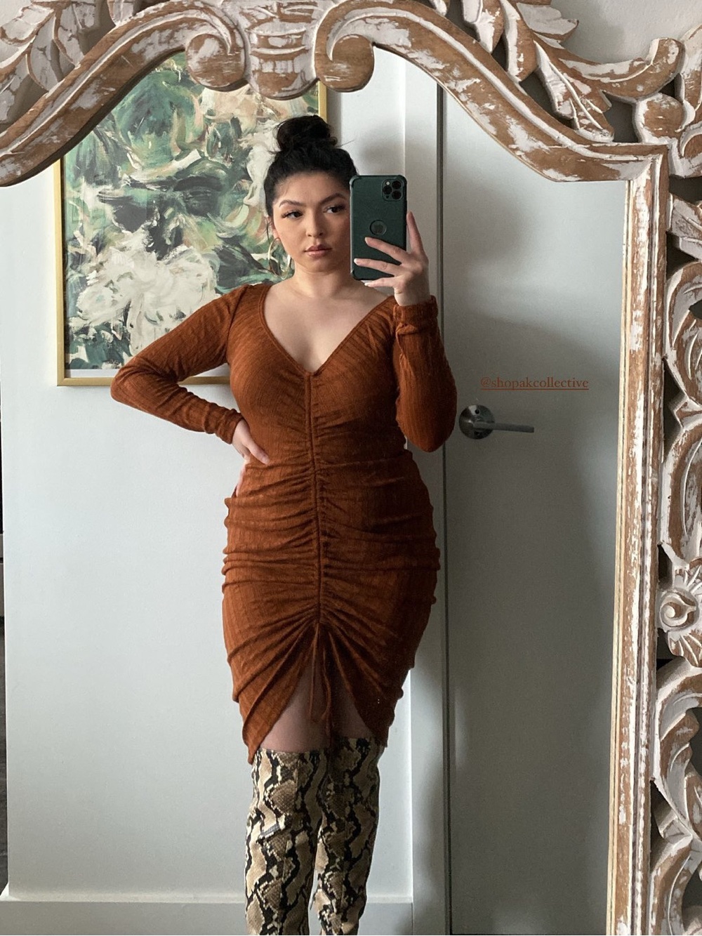 Rust Ruched Long-Sleeve V-Neck Dress